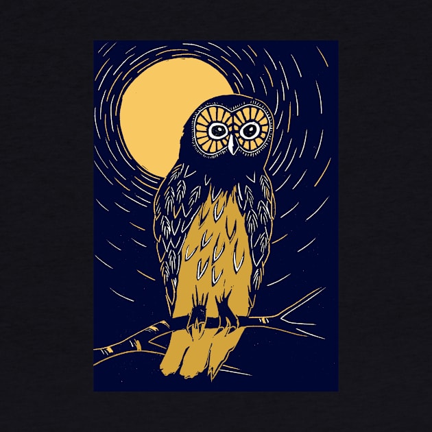 Deep blue and gold linocut of an owl on a moonlit night by Maddybennettart